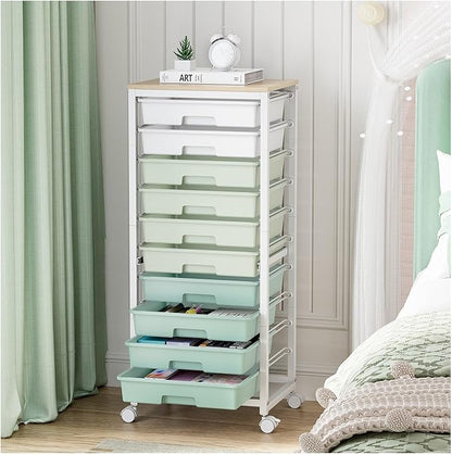 SYKIARIOL Rolling Cart with Drawers,10 Drawer Rolling Cart,Storage Cart,Utility Cart,Teacher Cart for Classroom Storage,Craft Cart with Wheels and Wooden Tabletop,Green
