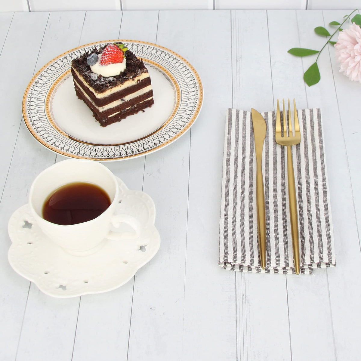 INFEI Plain Striped Cotton Linen Blended Dinner Cloth Napkins - Set of 12 (40 x 30 cm) - for Events & Home Use (Brown)