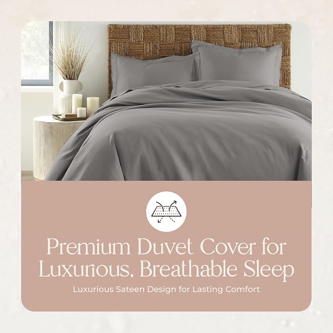 100% Organic Cotton Duvet Cover King Size - Naturally Soft Lightweight & Cooling Duvet Cover Set with Decorative Shams - Premium GOTS Certified 300 Thread Count Sateen Weave (Stone, King)