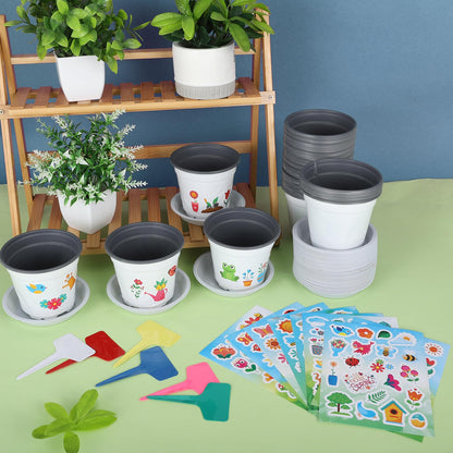 Zoketriton Garden Flower Pot Craft Kit, 48 Paintable Durable Resin Garden Pot with Tray Drainage Holes Adhesive Stickers and Plant Labels, Flower Plant Craft for Classroom Home DIY Flower Planting