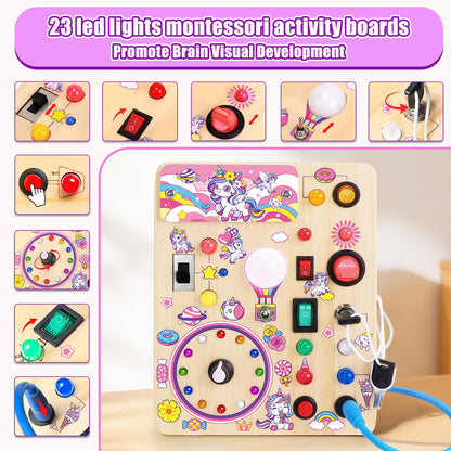 Konijiwa Busy Board - Montessori Toys for 1-3 Years Old Boys & Girls | Sensory Toys for Kids with Autism | Toddlers Learning Activity for Early Development (Unicorn Busy Board v2)