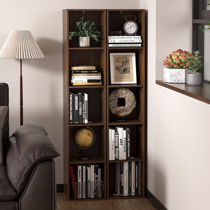 NewBeth 5 Cube Storage Organizer, Narrow Open Shelf Bookcase, Freestanding 5 Tier Low Display Bookshelf for Home Office, Living Room, Bedroom, Dark Brown & Black Walnut