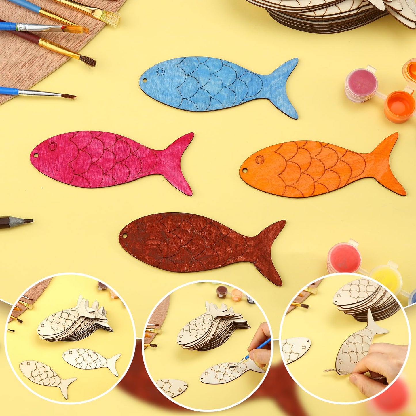 Gerrii 72 Pieces Wood Fish Cutouts Unfinished Wooden Cutouts with Holes Blank Wooden Hanging Ornaments Slices with Twine for DIY Crafts Party Decorations