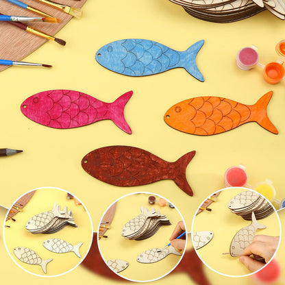 Gerrii 72 Pieces Wood Fish Cutouts Unfinished Wooden Cutouts with Holes Blank Wooden Hanging Ornaments Slices with Twine for DIY Crafts Party Decorations