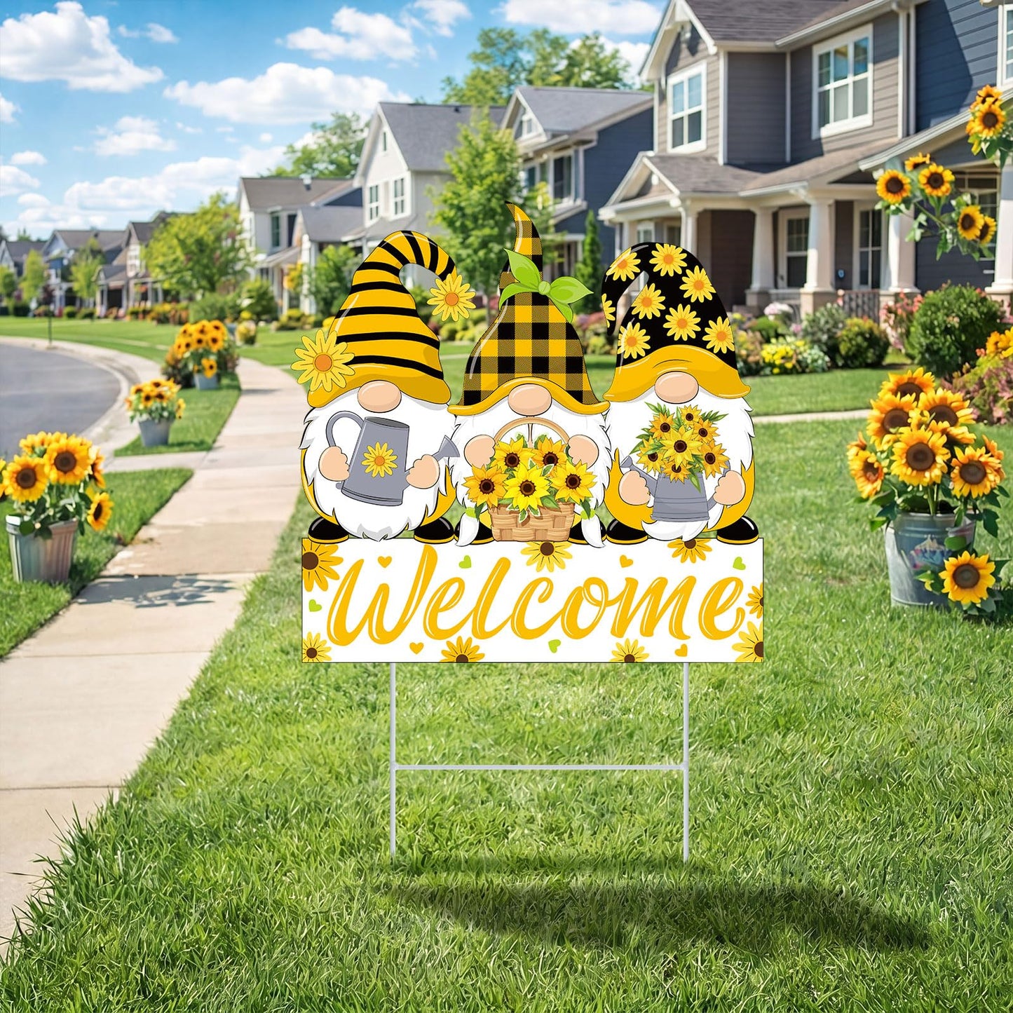 Yookeer Summer Sunflower Gnome Decorations Outdoor Metal Sunflower Gnome Decorative Garden Stakes Summer Welcome Yard Sign for Outside Porch Patio Lawn Decor