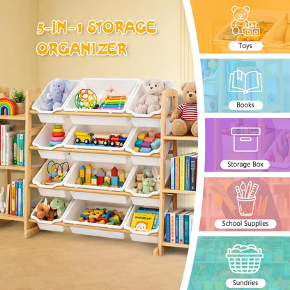 Etitlly Toy Storage Organizer with Bookshelf – Wooden Toy Organizer with 12 Toy Bins & 6 Tier Bookcase,Quick Assembly Kids Bookshelf,Toy Bin for Playroom, Bedroom, Nursery– White