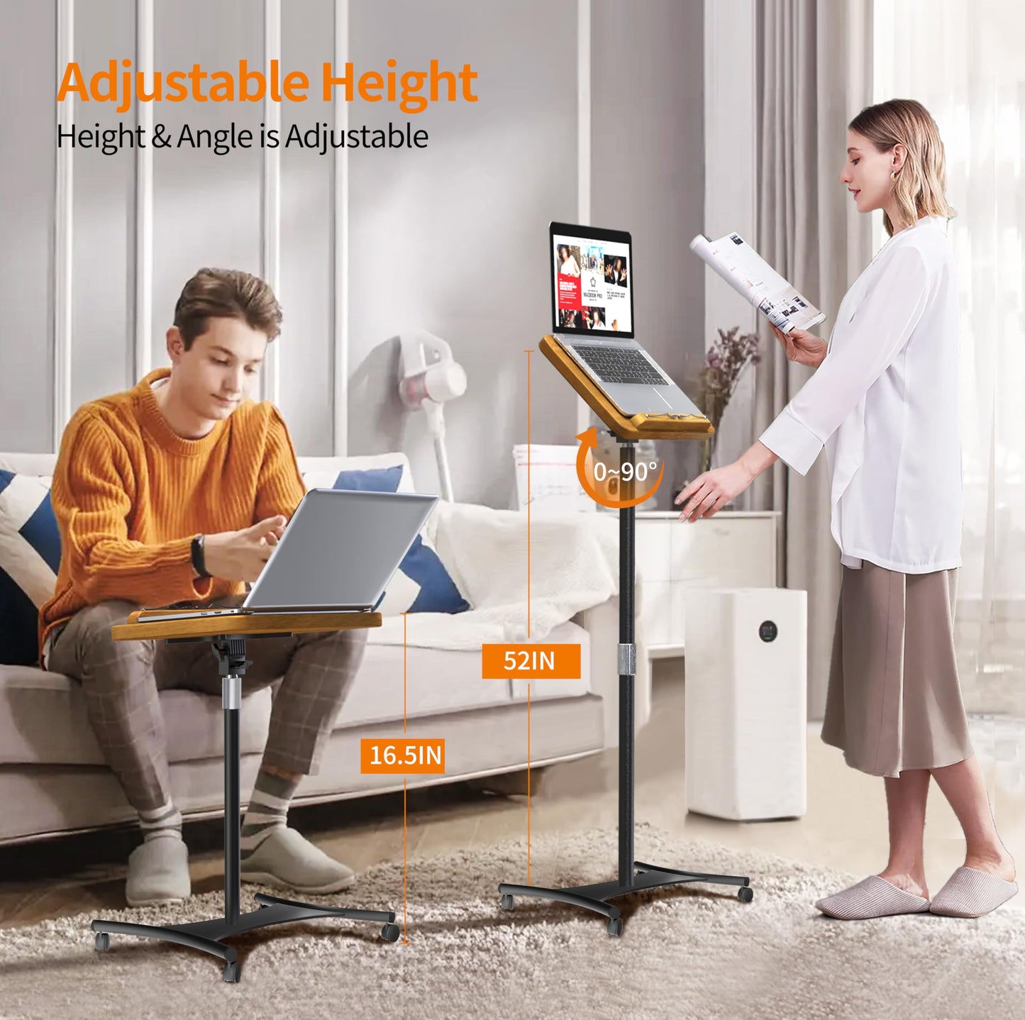 NAMON Rolling Floor Book Stand for Reading, 100% Solid Wood, Height Adjustable 16.5"-51", Floor Reading Stand with 4 Lockable Casters & Page Clip for Books, Sheet Music (Rolling/Classic, 10" x 15")