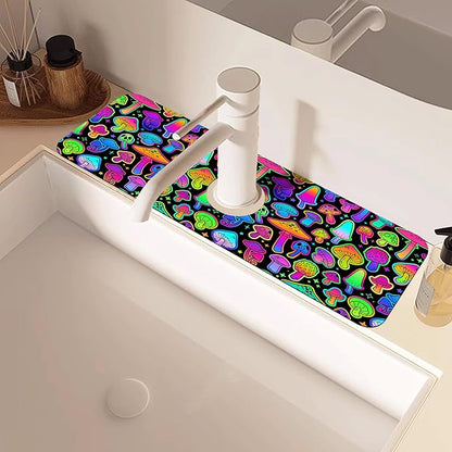 Bright Neon Mushroom Kitchen Sink Splash Guard Absorbent Fast Drying Mat Faucet