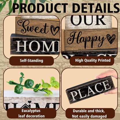 Briwooody 4 Pcs Farmhouse Wooden Table Decor Reversible Sweet Home Tiered Tray Decor Rustic Eucalyptus Leaves Wood Block Sign Gifts for Home Table Kitchen Shelf Fireplace Mantel Decoration