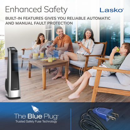 Lasko High Velocity Oscillating Tower Fan for Bedroom, Garage, Basement, and Gym with Remote Control, Timer, 3 Powerful Speeds, 35" Silver/Black, U35115