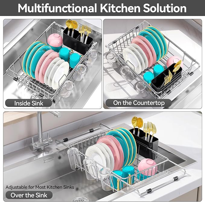 Urackify Dish Drying Rack in Sink, Stainless Steel Expandable Over the Sink Dish Rack with Utensil Holder & Cup Holder, Kitchen Drying Rack for Inside Sink, 15.35" x 11.02" x 4.84", Silver