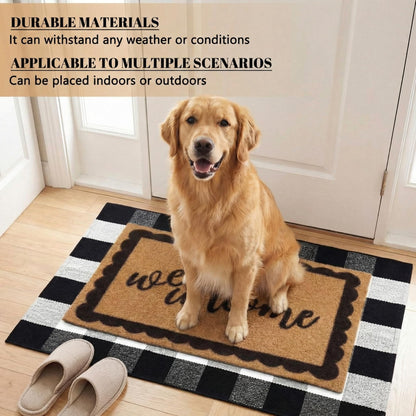 Klyyo Clyro 2 Pcs Bow Welcome Front Door Mats Combo Set Coco Coir Welcome Doormat 27.5''x43'' Layered Buffalo Black White Striped Rug Extra Thick Nonslip Backing for Outdoor Porch Entryway Decor