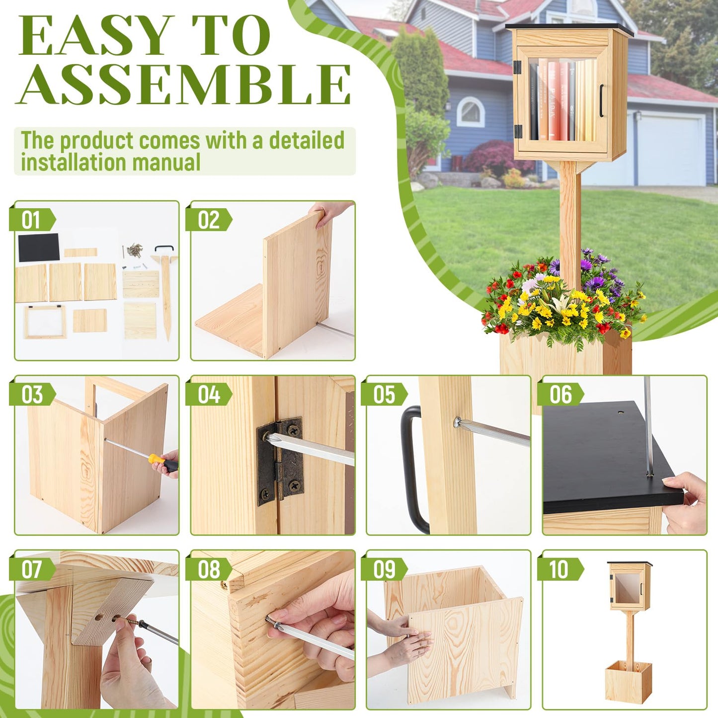 Wanderjune Outdoor Little Library Kit, Weatherproof Solid Wood Book Exchange Box with Floor Plugs & Small Flower Fence for Neighborhood, Community, Library & School(Natural Wood)