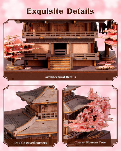 Rolife 3D Wooden Puzzle Sakura Pavilion, DIY Japanese Architecture Model & Miniature House Building Kit for Adults, 235PCS Wood Craft Puzzle, Cherry Blossom Home Decor for Teens and Adults