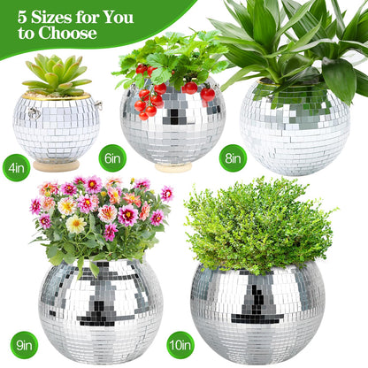 FGBNM 4"/6"/8"/9"/10" Disco Ball Planter, Disco Ball Plant Hanger with Hanging Rope, Hanging Chain, Hook, Circle and Extra Mirror Pieces (6" Silver, 1pcs)