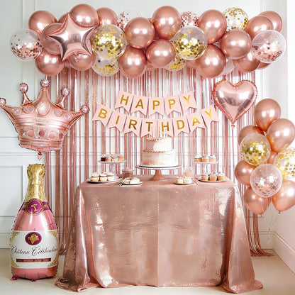 Birthday Decorations for Women with Happy Birthday Banner, Curtains, Bottle, Crown, Heart Star Balloons, Rose Gold Balloons for Girls Women Birthday Party Decorations