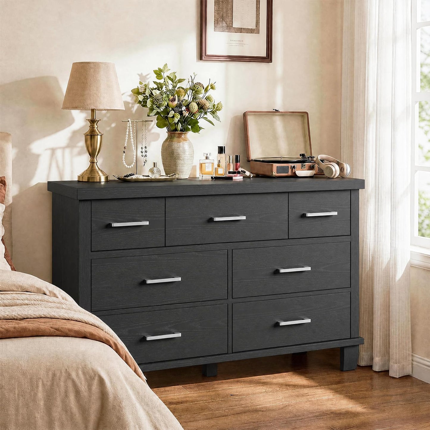IDEALHOUSE Dresser for Bedroom with 7 Drawers, Black Storage Chest of Drawers with Metal Handle, Wooden Dresser Organizer for Living Room,Closet,Entryway,Nursery
