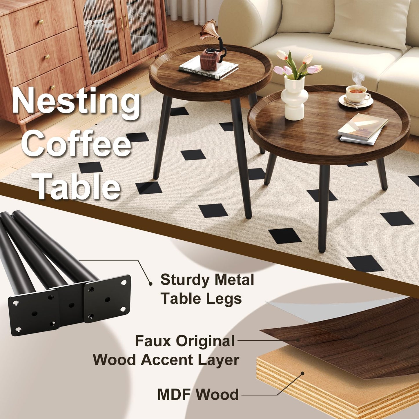 2 PCS Small Round Coffee Table Set, Mid Century Modern Coffee Tables for Living Room, Walnut Nesting Tables for Small Spaces, Easy Assembly Circle Wood Center Table,Black Nesting Coffee Table Set of 2