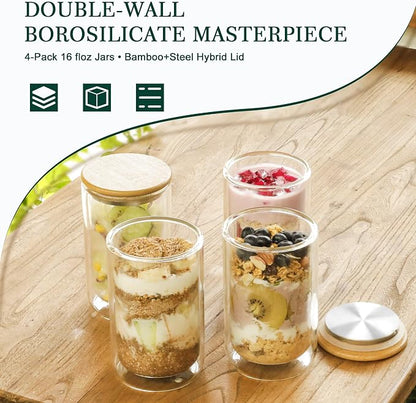 LIBWYS 4 Pack Overnight Oats Containers with Bamboo & Stainless Steel Lids, 15oz Meal Prep Jars - Double Walled High Borosilicate Glass jars for Overnight Oats, Chia Pudding， Salad
