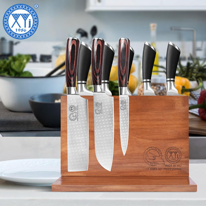 XYJ Authentic Since 1986, Magnetic Knife Block, Double Side Kitchen Knife Stand, Acacia Wood, Magnetic Knife Holder with Strong Enhanced Magnets,Knives Storage Rack Stand for Home Kitchen