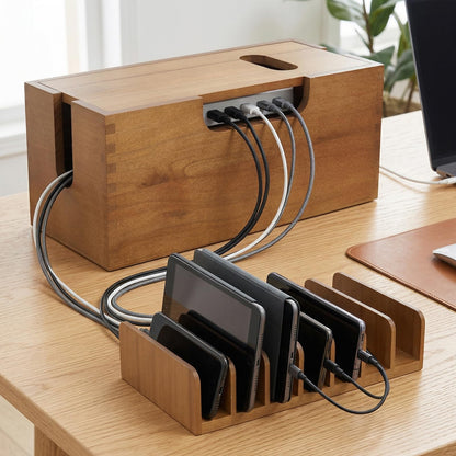 Gdfjiy Charger Organizer, Wooden Family Charging Station Organizer for Multiple Devices, Cable Management Box with Magnetic Lid, 7 Compartments Cell Phone Stand Tablets Holder, Desk Dock Space-Saving
