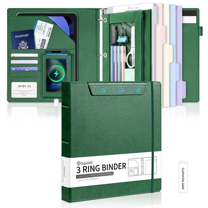Ospelelf Green Leather 3 Ring Binder 1 Inch Round Ring, Magnetic Clipboard Folio with Storage Zipper Pouch, 5 Dividers with 10 Pockets, Professional Binder for School Office Nursing