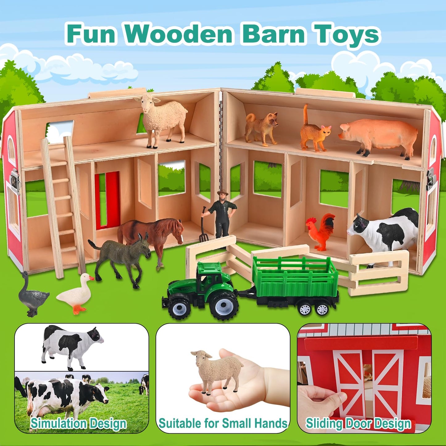 WoodTrove Wooden Barn Toys, Play Barn with 12 Animal Play Figures for 3+ Years Old, Toy Barn and Farm Animals，Wooden Barn Playset for Christmas Birthday Gift for Boys Girls