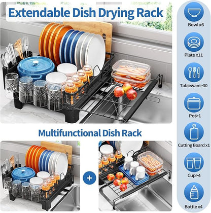 TOOLF Dish Drying Rack - Expandable Dish Rack, Large Capacity Dish Drainer for Kitchen Counter, Stainless Steel Dish Strainer with Cups Holder & Utensil Holder,Black