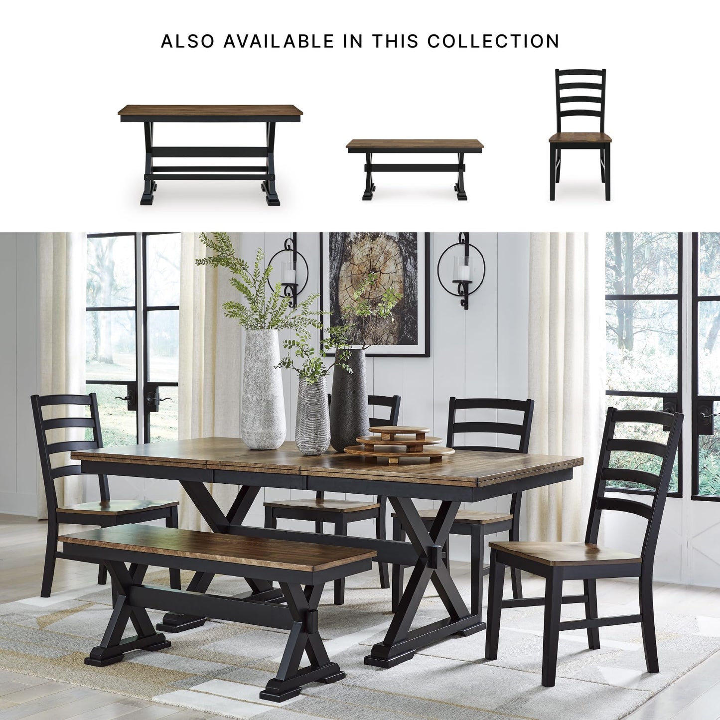 Signature Design by Ashley Wildenauer Dining Chairs Set of 2, Modern Ladderback Dining Chairs with Solid Wood Frame, Two-Tone Finish, Contoured Seat, Black/Brown