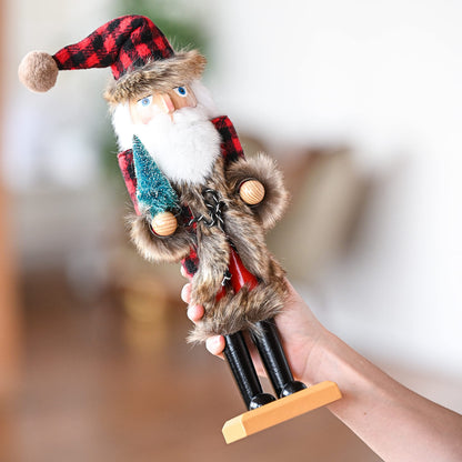 Ornativity Christmas Nostalgic Santa Nutcracker – Red and Black Wooden Nut Cracker Santa Clause Man with Buffalo Brown Fur Plaid Coat Holding a Xmas Tree Themed Holiday Doll Figure Decorations 15"