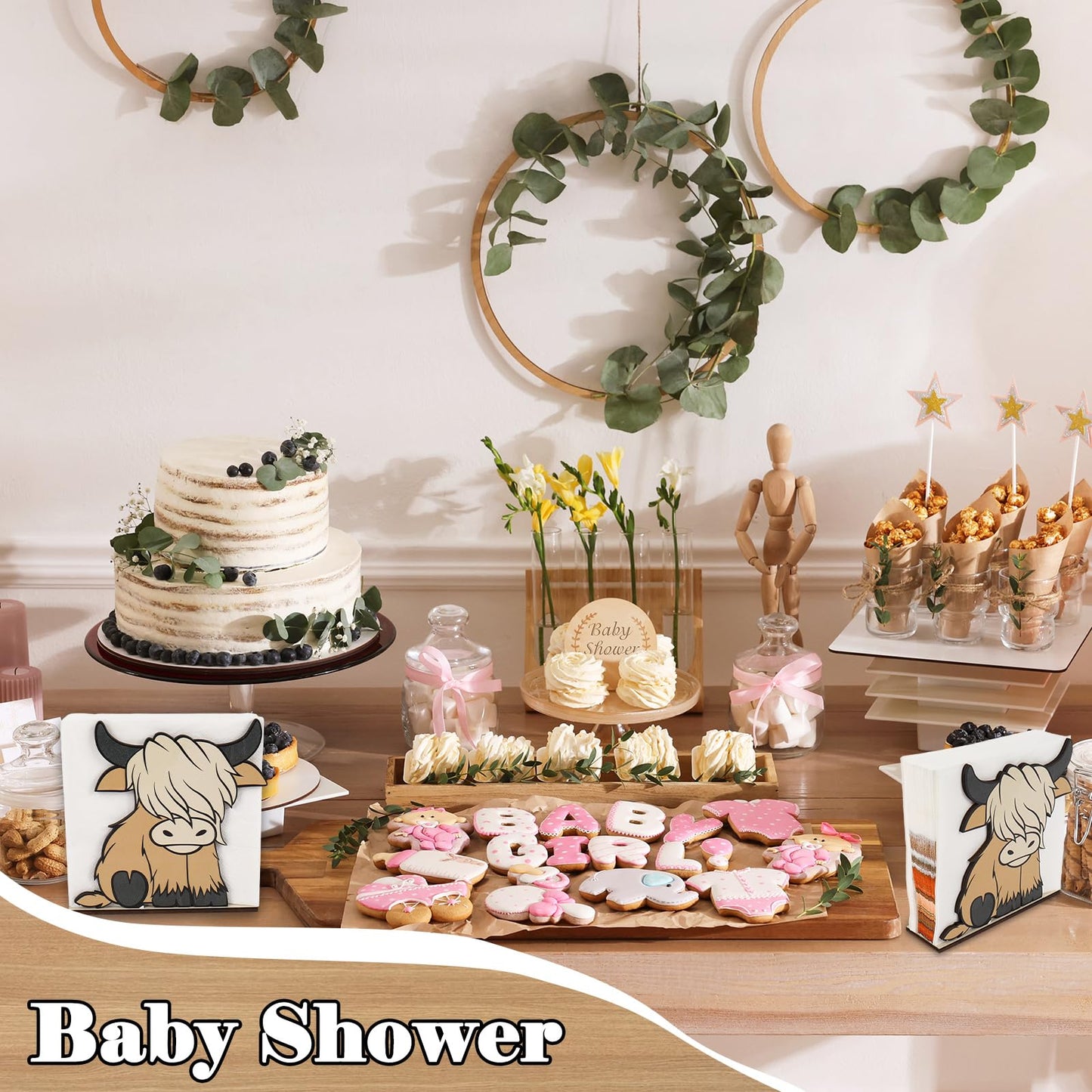 FYSUIMU 2 Pcs Wooden Highland Cow Napkin Holder Standing Brown Wooden Paper Holder Napkin Tissue Dispenser for Dining Room Cocktail Kitchen Table Countertop Decor