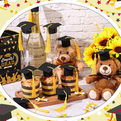 Funtery 36 Pcs Mini Graduation Hats Cupcake Toppers Graduation Scroll Decorations Black Grad Caps with Yellow Tassels Cupcake Toppers Bottle Decor for Graduate Party Supplies