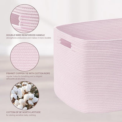 72L Large Baby Girls Laundry Basket for Nursery Storage,Cute Woven cotton Rope Baskets for Kids Toy，Gifts, Boho Square Wicker Blanket hamper for Living Room,Bedroom Dirty Clothes,Pink