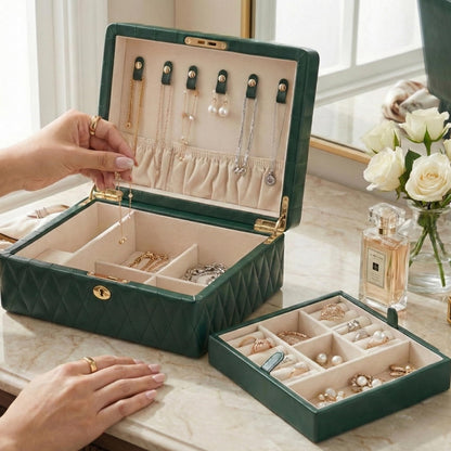 Bey-Berk Diamond-Quilted Leather Travel Jewelry Box (Green), 8" x 10.5" x 4.75" Locking Organizer with Necklace Hooks, Ring Rows and Watch Section