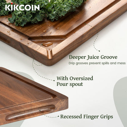 Kikcoin Acacia Wood Cutting Boards for Kitchen, 3 PCS Wooden Cutting Board Set with Holder, Chopping Board with Compartments and Juice Groove, Solid Charcuterie Boards Serving Tray Wood Butcher Block