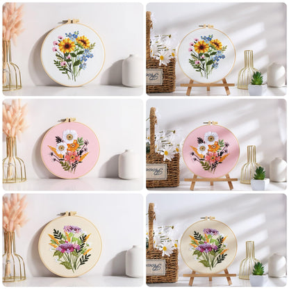 Offizon 3 PCS Embroidery Kit for Beginners - Cross Stitch DIY Craft Set, Flower Embroidery Accessories & Hoop Included, Hand Embroidery Kit for Adults Stitching Sewing Kit Gift | FlowerB Patterns