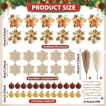 63Pcs Boho Christmas Tree Decoration Set Neutral Boho Christmas Tree Ornaments Wooden Bead Bow Xmas Balls Artificial Flowers and Grass DIY Decor Craft for Holiday Wedding Party Supplies Gifts
