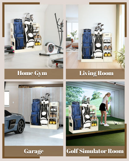 Logicexplore Premium Wooden Golf Bag Organizer Rack, Golf Bag Storage Rack with Drawer, MDF Wooden Golf Organizer for 2 Golf Bags, Heavy Duty Golf Equipment Storage Rack for Home, Garage, Golf Club