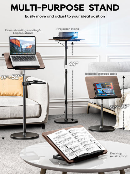 2 in 1 Adjustable Book Stand - Dual-Use Floor and Desktop Book Holder Stand, Height Adjustable 23.5-52 in, Elastic Page Clips for Music Sheet, Recipe, Tablet, Laptop-Black