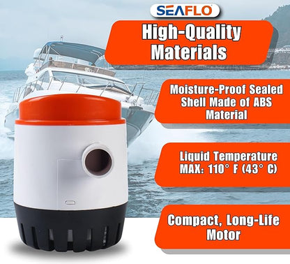 SEAFLO 06 Series Automatic Submersible Bilge Pump - 1100 GPH, 12V, 1-1/8"" Outlet, 4-Year Warranty! Built-In Float Switch, Snap-Off Strainer, Compact for Marine Boat Yacht, CE & Rohs Certified