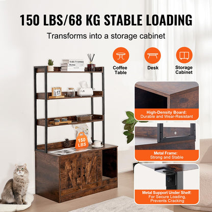 VEVOR Cat Litter Box Enclosure, Hidden Litter Box Furniture with 3 Storage Shelves, Wooden Cat Washroom Indoor, Large Cat House Cabinet Hidden Fit Most Litter Box, 33.5"L x 19.3"W x 58.7"H, Dark Brown
