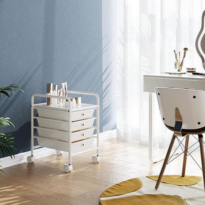 4-Tier Utility Cart with 4 Drawers, Rolling Utility Cart with 2 Lockable Caster Wheels, Multipurpose Mobile Rolling Drawer Cart for Office Bathroom Kitchen, Ivory White
