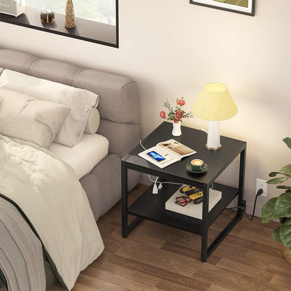 Homieasy End Table with Charging Station, 20" Mini Fridge Stand with Power Outlets, Heavy Duty Side Table for Living Room, Small Table Stand & Fridge Table, Black