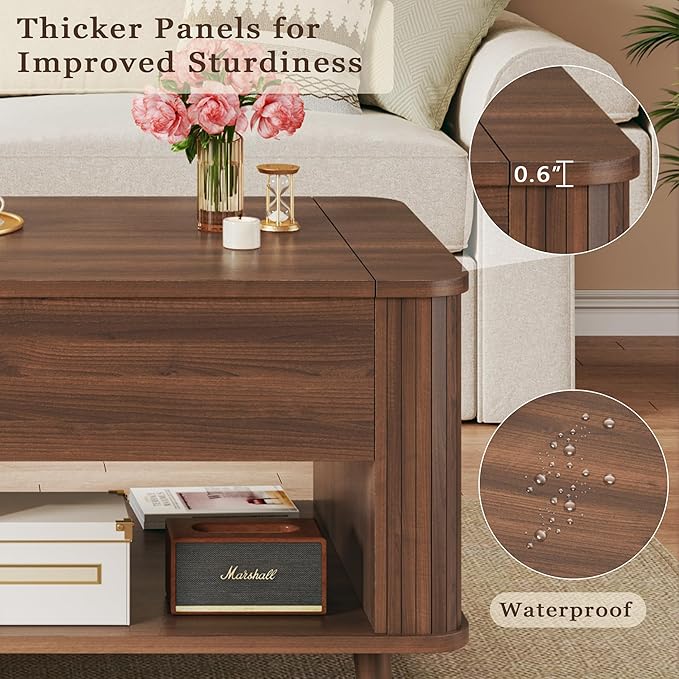 Lift Top Coffee Table with Storage, 41" Mid Century Modern Coffee Table with Fluted & Curved Profile Design, Hidden Storage Compartment, Lower Shelf Center Table for Living Room Office, Walnut