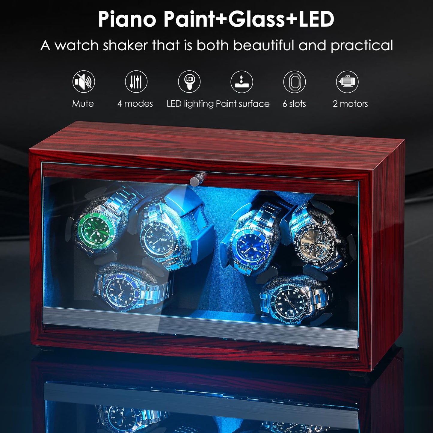 ANWBROAD Automatic Watch Winder, 6 Watch Winders for Automatic Watches with Glass Lid, 4 Modes Watch Winder box with Adapter, Super Quiet Motor-Red Piano Finish, Fathers Day UJWW003Y