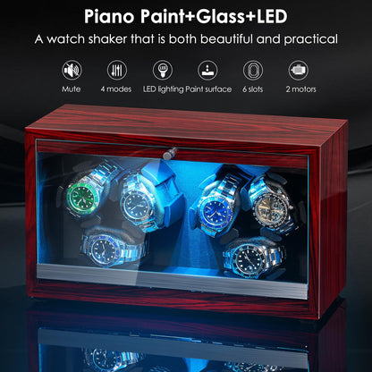ANWBROAD Automatic Watch Winder, 6 Watch Winders for Automatic Watches with Glass Lid, 4 Modes Watch Winder box with Adapter, Super Quiet Motor-Red Piano Finish, Fathers Day UJWW003Y