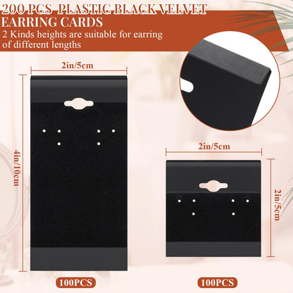 Tondiamo 200 Pcs 2 Size Black Velvet Plastic Earring Cards for Selling Jewelry 2'' x 2'' and 2'' x 4'' Earring Display Cards Holder Bulk for Earrings, Ear Studs Jewelry Accessories
