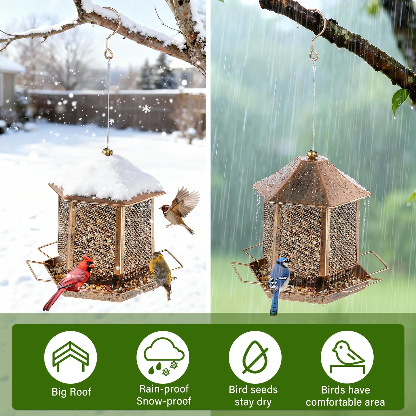 Bird Feeder, Heavy Duty Metal Bird Feeders for Outdoors Hanging, Weather Resistant Wild Bird Feeders for Outside Garden Yard, 3.5LB Seed Capacity, Hexagon Gazebo Style