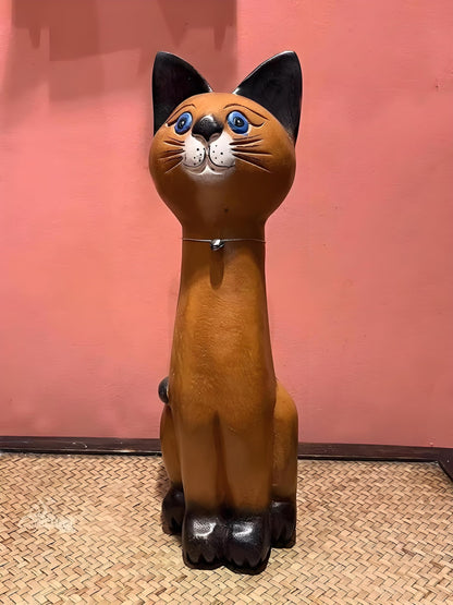 AHZGBL Wooden Cat Figurine, Hand Carved Solid Wood Cat Statue from Thailand, Handcrafted Home Art Decor for Living Rooms, Entryways, Restaurants, Bars, Cafes, Offices, Gift for Cat Lovers(Sitting Cat)