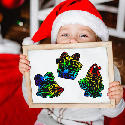 Mocoosy 48 Pcs Christmas Scratch Art Ornaments, Christmas Crafts Kit Bulk for Kids Stocking Stuffers, Rainbow Magic Scratch Paper Cards Xmas DIY Hanging Ornaments for Winter Holiday Decorations